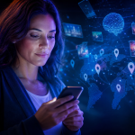 Pessoa usando um celular enquanto navega por um mapa digital e assiste a vídeos, em composição conceitual sobre publicidade com inteligência artificial.