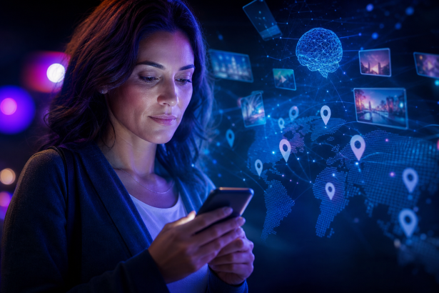 Pessoa usando um celular enquanto navega por um mapa digital e assiste a vídeos, em composição conceitual sobre publicidade com inteligência artificial.