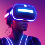 Mulher usando óculos de realidade estendida em um ambiente futurista com iluminação neon.