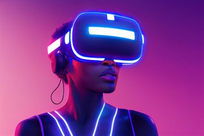 Mulher usando óculos de realidade estendida em um ambiente futurista com iluminação neon.